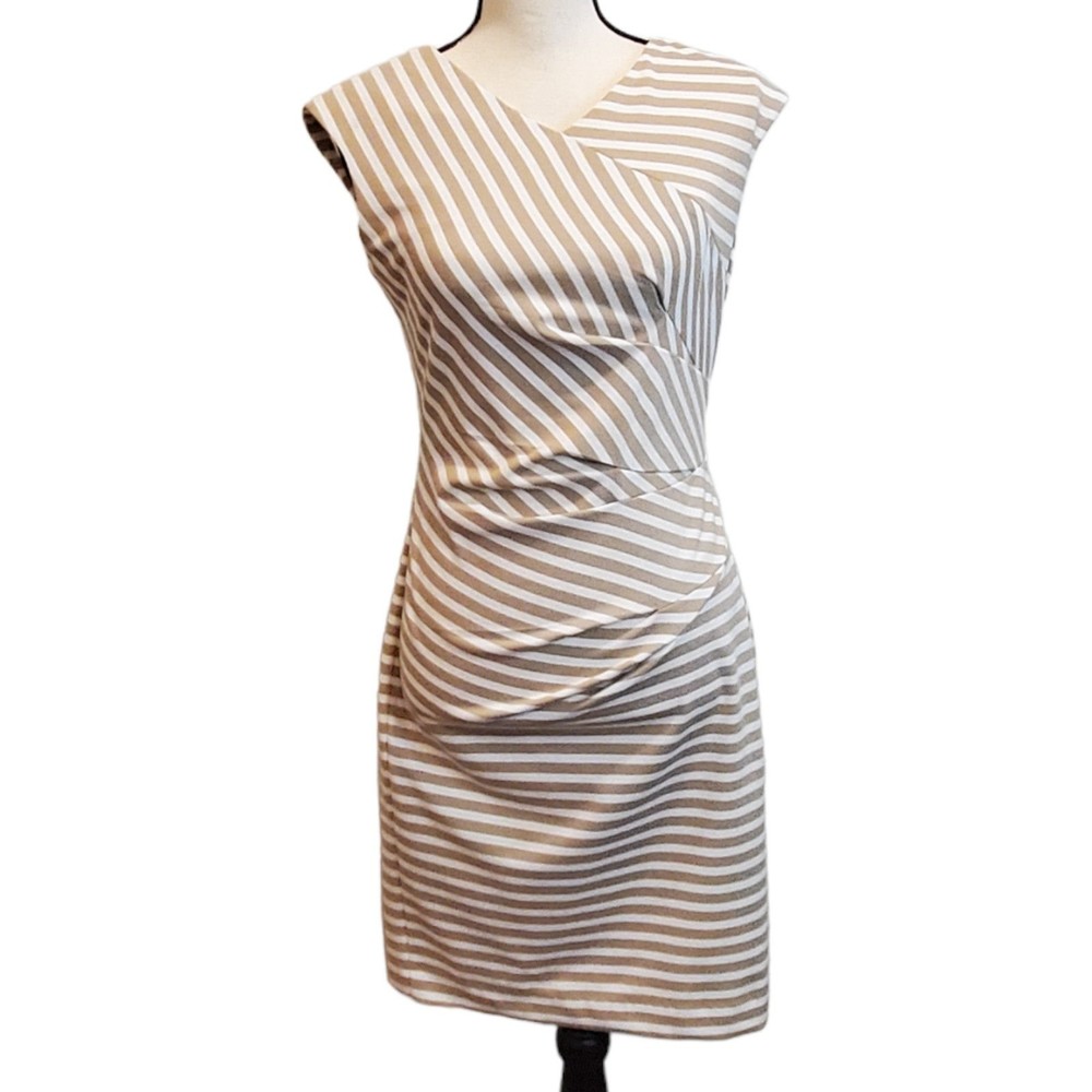 Calvin Klein Tan and White Gathered Side Sheath Dress Sz 4